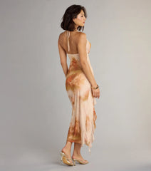 Golden Hour Glow Abstract Print Cutout Midi Dress