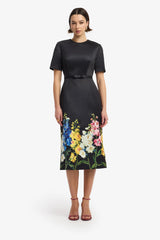 Elizabeth Short Sleeve Midi Dress - Snapdragon Print in Ebony