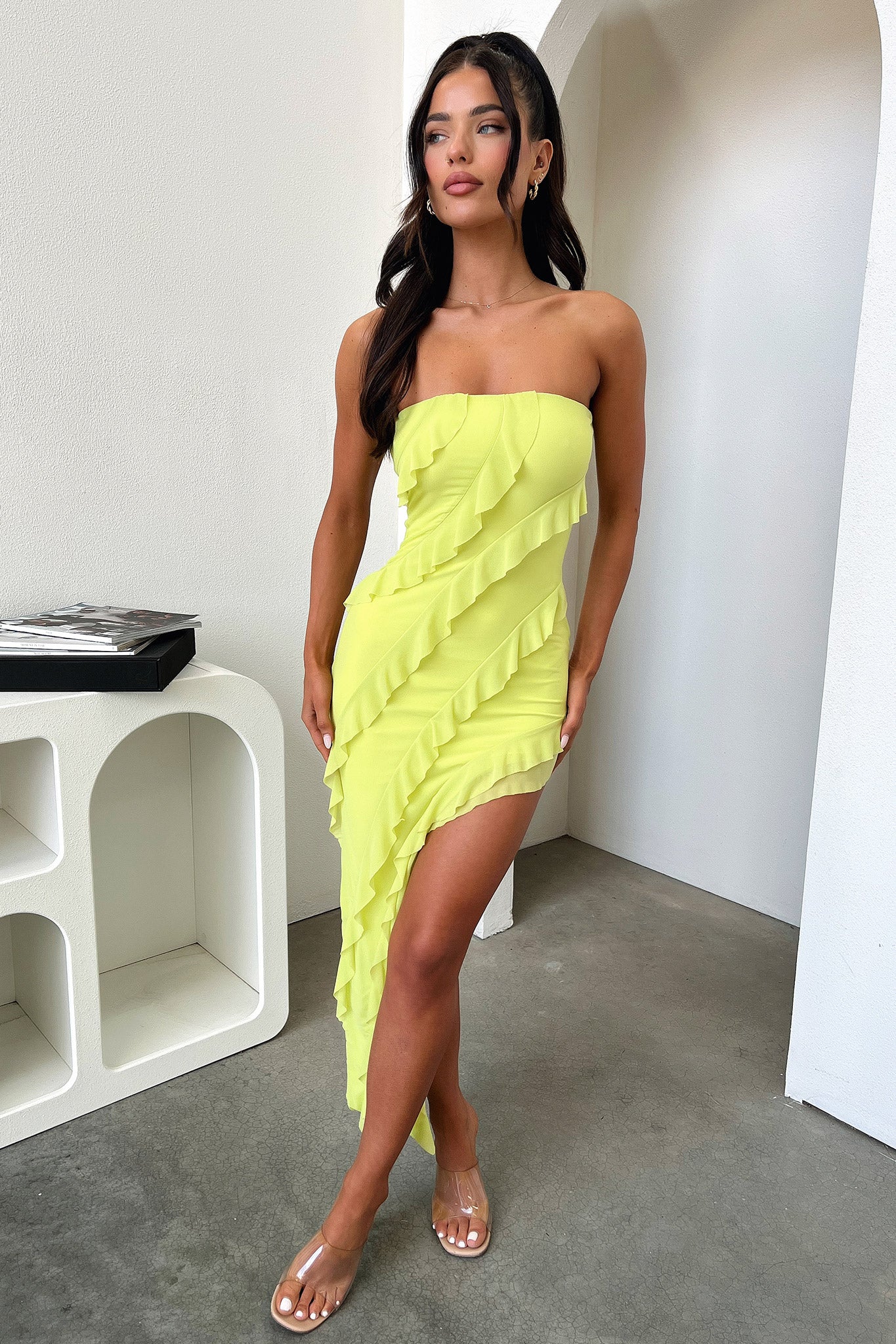 Jadore Strapless Ruffle Midi Dress - Lime