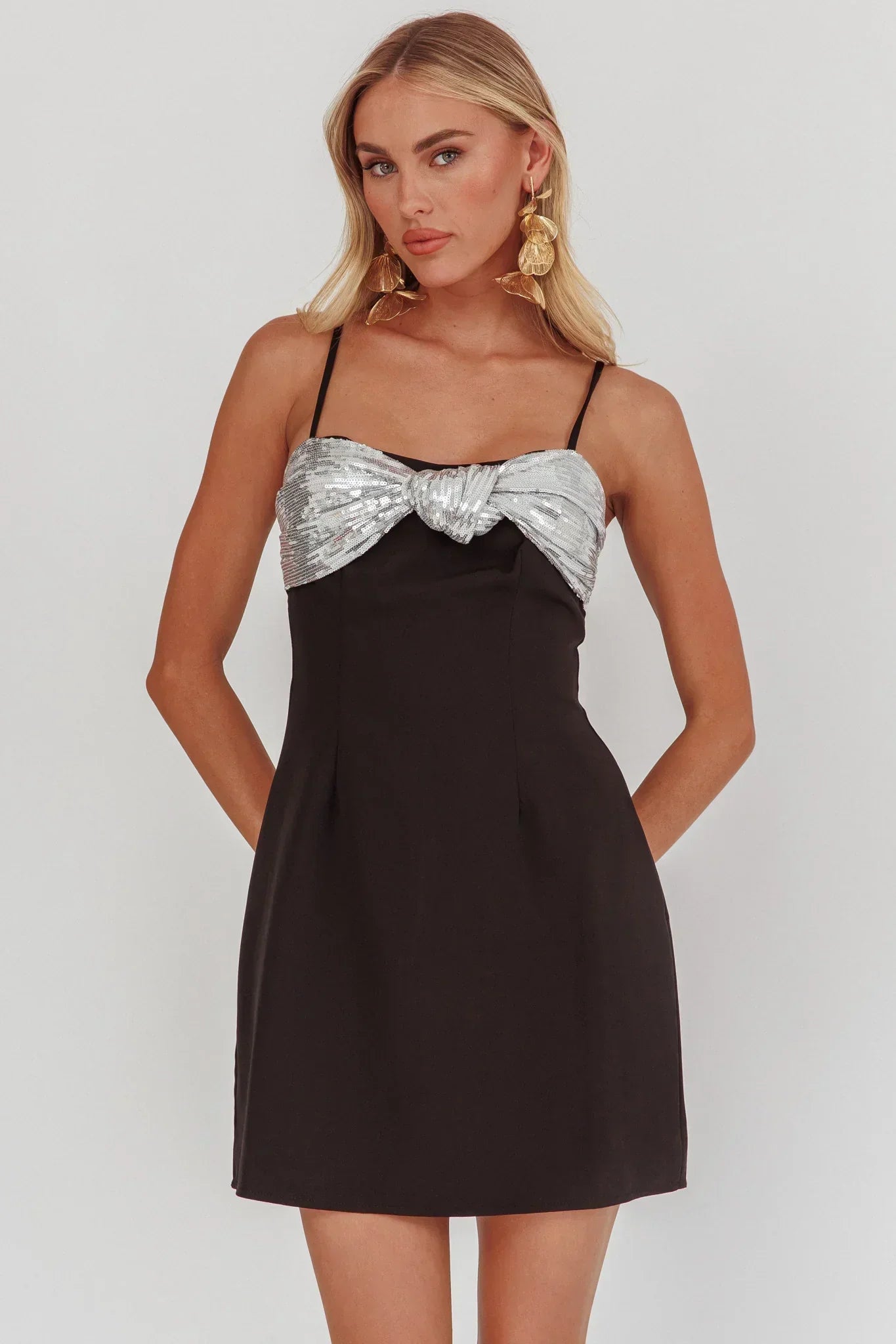 Sweet Caroline Sequin Twist Mini Dress Black/Silver